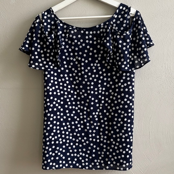 Zac & Rachel Off Shoulder Front Pleat Loose Fit Blouse (XL) Navy Polka Dot - Picture 3 of 10